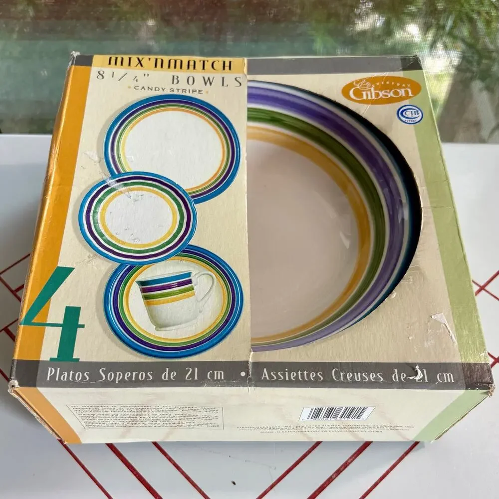 Vintage Gibson Candy Stripe Blue Purple and Green and Yellow Bowls Set of 4 8.25
